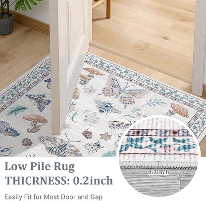 Washable Rug 5x7 Area Rugs for Living Room, Mushroom Insect Rug for Bedroom, 5x7 Rug Non Slip Throw Rugs with Rubber Back, Low Pile Stain Resistant Modern Carpet for Dining Room Dorm,Beige