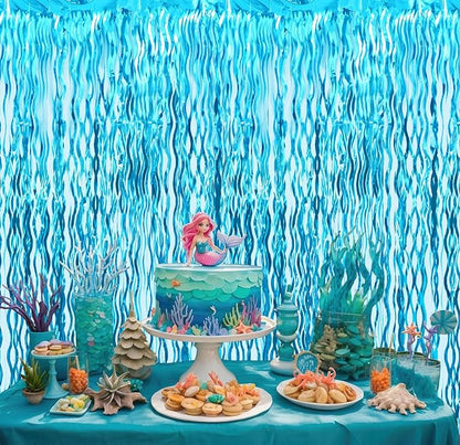 Goer Metallic Tinsel Foil Fringe Curtains for Party Photo Backdrop Wedding Decor (3 Pcs,Wavy Light Blue)