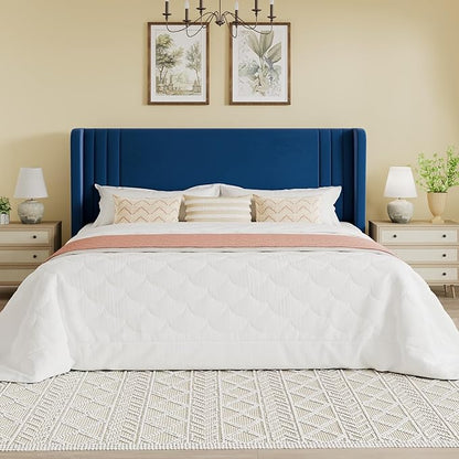 SHA CERLIN King Size Velvet Upholstered Platform Bed Frame with Vertical Channel Tufted Wingback Headboard, Wooden Slats Support, Easy Assembly, Under Bed Storage, No Box Spring Required, Blue