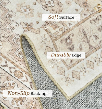 zesthome 4x6 Rug - Stain Resistant Washable Rug, Anti Slip Backing Rugs for Living Room, Foldable Vintage Small Area Rugs (Cream/Beige,4'x6')