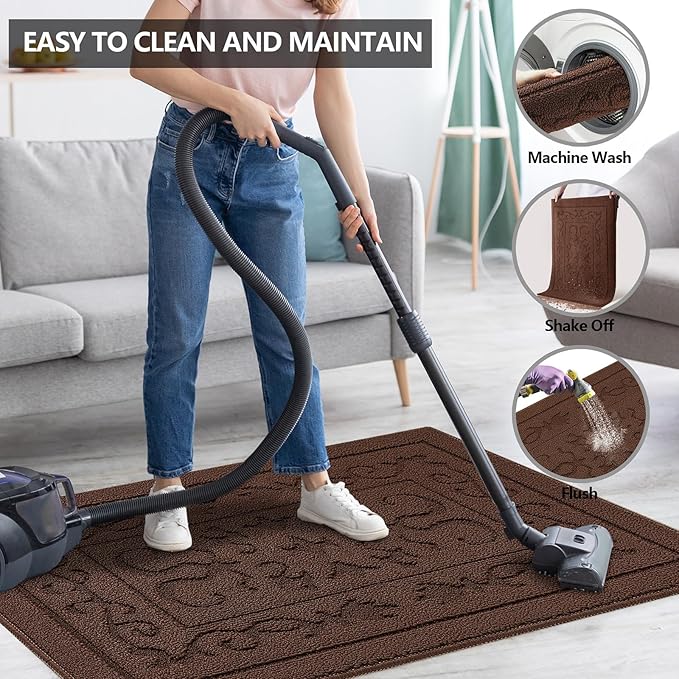 FONEYI Indoor Door Mat, Front Back Door Mat 20" x 32" Non-Slip Rubber Backing Door Rug, Machine Washable Entry Rug, Low Profile Absorbent Dirt Trapper Doormat Inside Floor Mats for Entryway, Coffee