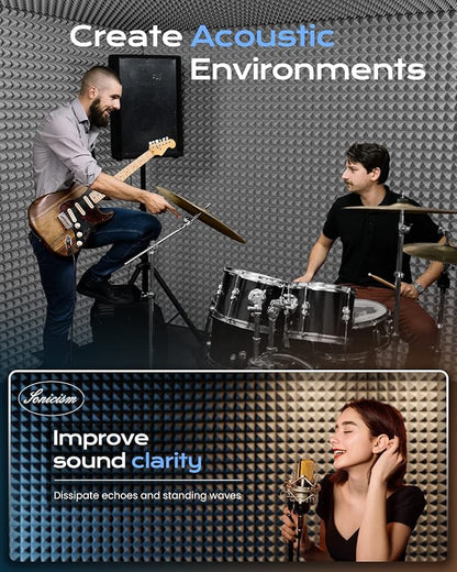 Sonicism Sound Proof Foam Panels for Walls Self-Adhesive 12 Pack Pyramid 1" X 12" X 12" Soundproof Wall Panels High Density Acoustic Panels Foam Fast Expand,Sound Absorption & Decoration,Gray