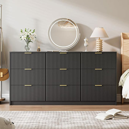 Black 9 Drawer Dresser for Bedroom, 63" Wide Modern Fluted Dresser with Gold Metal Handles, Chest of Drawers for Bedroom, Living Room, Entryway, Hallway
