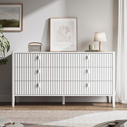 6 Drawer Dresser, Modern Chest of Drawers for Bedroom, Wood Fluted Dresser Organizer with Deep Drawers for Clothes, Nightstand for Bedroom, Hallway, Living Room, Entryway, White