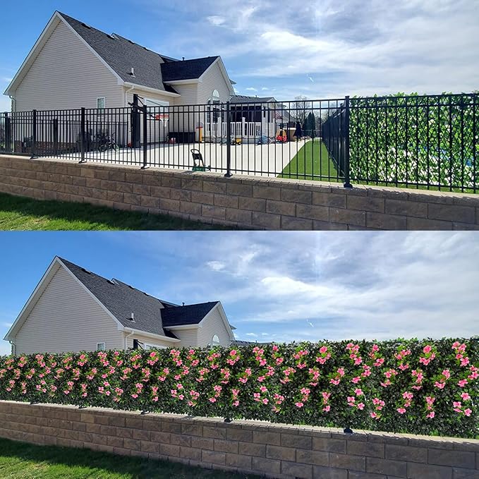 Sumery Expandable Fence Privacy Screen for Balcony Patio Outdoor,Decorative Faux Ivy Fencing Panel,Artificial Hedges (Single Sided Leaves) (2, Branches -Pink Fowers)