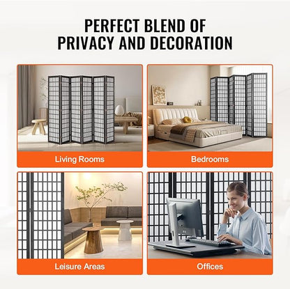 VEVOR Room Divider, 6 Panel Japanese Room Divider, Folding Privacy Screen Indoor, Portable Partition Dividers and Decoration Screens, for Room Separation, Home, Office, Restaurant & Bedroom (Black)