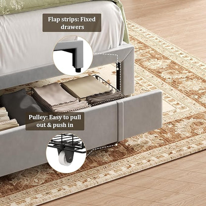 Full Bed Frame with Storage Drawers, Upholstered Full Size Platform Bed with 47" Tall Headboard and Wingboard, No Box Spring Needed, Noise Free, Easy Assembly, Wooden Support Slats, Light Grey