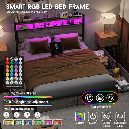 Full Size Bed Frame with 4 Storage Drawers and Headboard with Charging Station and LED Lights,2 Tier Solid Wood Headboard Storage/Noise Free/No Box Spring Needed/Remote Control/Rustic Grey