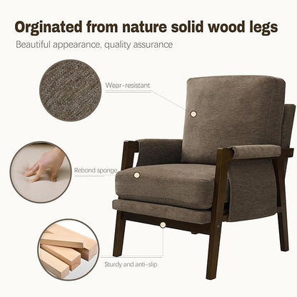 Dark Brown Accent Chair for Bedroom & Living Room, Mid Century Modern Accent Arm Chair, Upholstered Anthropologie Accent Chair with Solid Wood Frame, Fabric