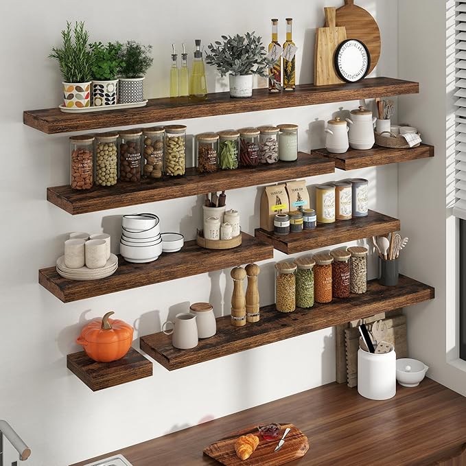 55 Inch Floating Shelves for Wall, 8 Inch Deep Floating Shelf for Storage & Display, Wall Mounted Shelf with Invisible Brackets for Living Room, Kitchen, Bathroom, Home Decor, Set of 2, Rustic Brown