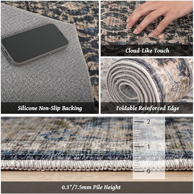Washable 8x10 Area Rugs for Living Room, Boho Non-Slip Vintage Distress Large Rugs for Bedroom Dining Room Nursery Office, 0.3" Neutral Oriental Throw Thin Carpet, Black/Brown/Blue/Multi