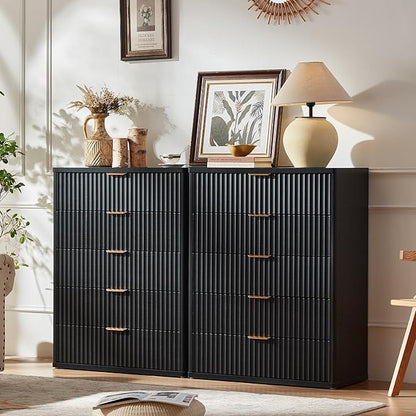LEYAOYAO Fluted 5 Drawers Dresser Set of 2, 41" Tall Modern Chest of Drawers with Metal Handle, Curved Profile Dresser TV Stand, Wooden Drawer Organizer for Bedroom, Living Room, Hallway, Lightgrey