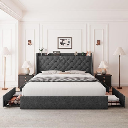 Feonase Queen Bed Frame with 4 Storage Drawers, Upholstered Storage Bed with Charging Station, Tufted Wingback Headboard, No Box Spring Needed, Dark Grey