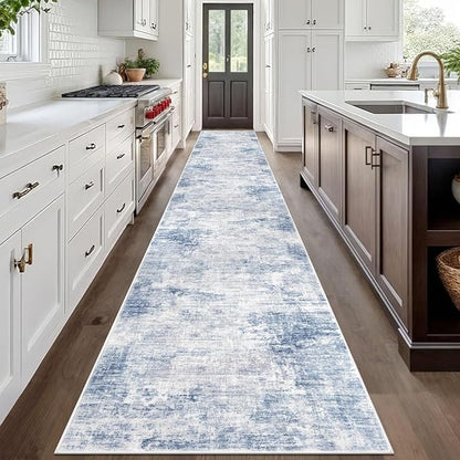IOHOUZE Abstract Runner Rug 3x20 Ft Extra Long Washable Runners for Hallways, Non Slip Kitchen Runner Printed Faux Wool Entryway Runner Indoor, Modern Floor Carpet for Hall Stair, Light Blue White