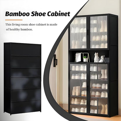 Tall Shoe Cabinet with Clear Doors, Large Capacity Bamboo Shoe Cabinet, 40-45 Pairs Shoe Rack Organizer for Closet Entrance, Hallway, Living Room, Bedroom