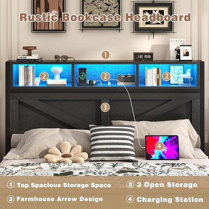 Farmhouse King Bed Frame with Bookcase Storage Headboard, Charging Station, LED Light and 2 Storage Drawers, Noise Free, No Box Spring Needed, Black