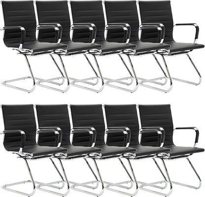 Wahson Office Guest Chairs Set of 10, Leather Reception Chairs, Mid Back Waiting Room Chair, Conference Chairs with Sled Base, Desk Chair No Wheels for Meeting/Lobby/Restroom, Black