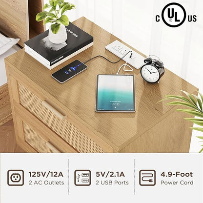 Rovaurx Rattan Nightstand with 2 Drawers, Bedside Table Small Night Stand with Charging Station, End Table for Bedroom, Boho Side Table with Solid Wood Legs for Bedroom, Modern Natural RCTG111ME