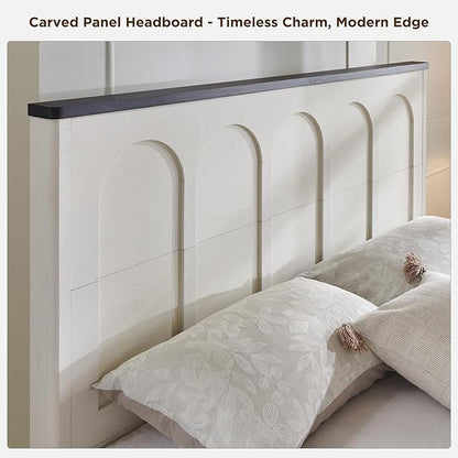 ACCOHOHO Queen Size Bed Frame Modern with 52" Tall Arched Recessed Headboard and 4 Drawers, Solid Wood Slats Support, Wood Platform, Noise Free, No Box Spring Needed, Antique White