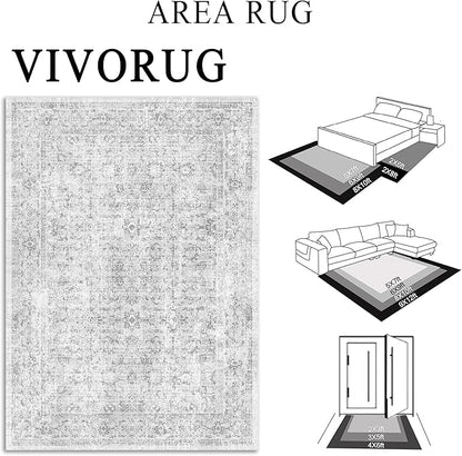 vivorug 9x12 Area Rugs for Living Room, Non Slip Machine Washable Vintage Rug, Ultra-Thin Lightweight Large Area Rug for Bedroom, Dining Room, Low Pile Grey