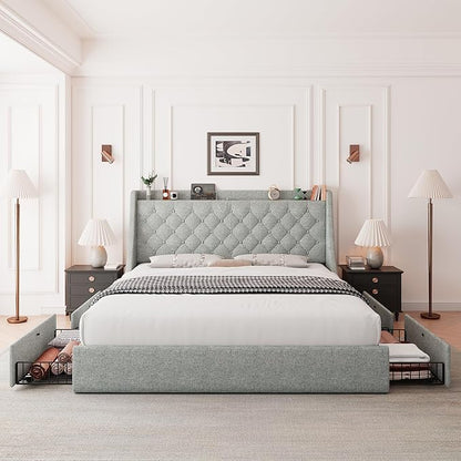 Feonase Queen Size Bed Frame with 4 Storage Drawers, Upholstered Storage Bed with Charging Station, Tufted Wingback Headboard, No Box Spring Needed, Light Grey, FEO737