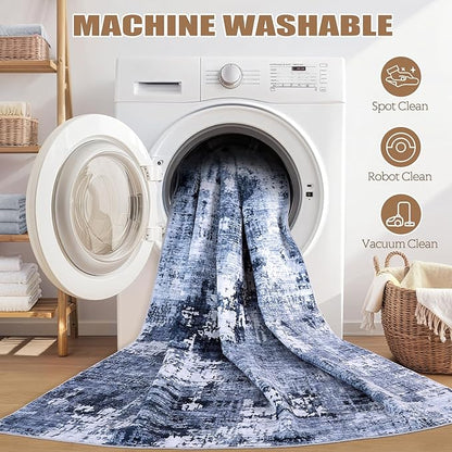 5ft Round Area Rug Living Room Rugs - 5x5 Washable Large Soft Indoor Neutral Modern Abstract Low Pile Rug Carpet for Bedroom Dining Room Farmhouse Home Office - Navy Blue