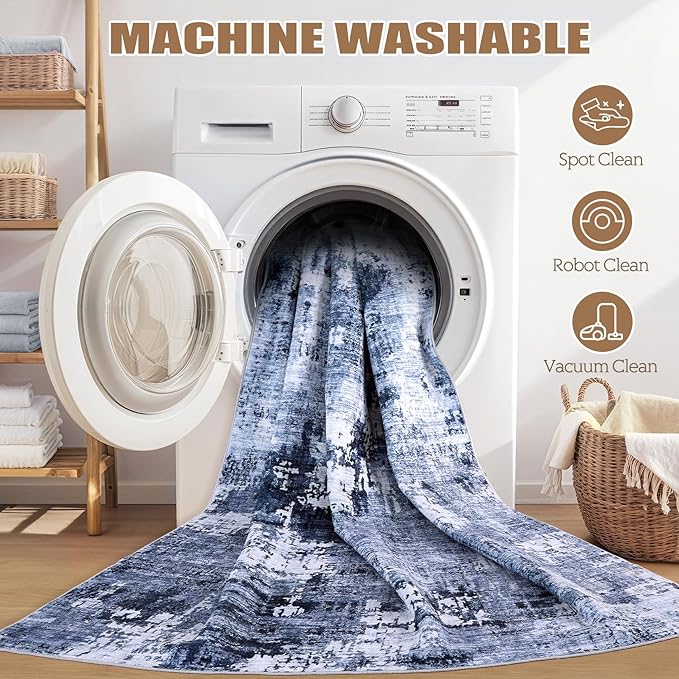 8ft Round Area Rug Living Room Rugs - 8x8 Washable Large Soft Indoor Neutral Modern Abstract Low Pile Rug Carpet for Bedroom Dining Room Farmhouse Home Office - Navy Blue