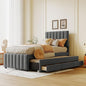 Twin Size Bed Frame with Trundle Bed and Storage Drawers,Linen Upholstered Bed Frame,Twin Size Trundle Bed with Adjustable Headboard,Upholstered Platform Bed Twin for Kids Teens Adults,Gray