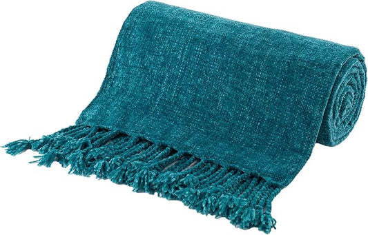 BATTILO HOME Teal Blue Throw Blanket for Couch, Bed, Sofa - Soft Cozy Chenille Throw Blanket with Fringe Tassels, Lightweight Turquoise Green Knit Throw for Home Decor, 50"x60"