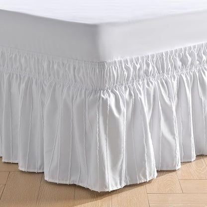 MIYE Striped Tufted Bed Skirt - Wrap Around Dust Ruffle with Elastic Belts - 12.5 Inch Drop Easy to Put On - Bedskirt Machine Washable ＆ Wrinkle Resistant(Striped/White, Full/Twin-12.5" Drop)