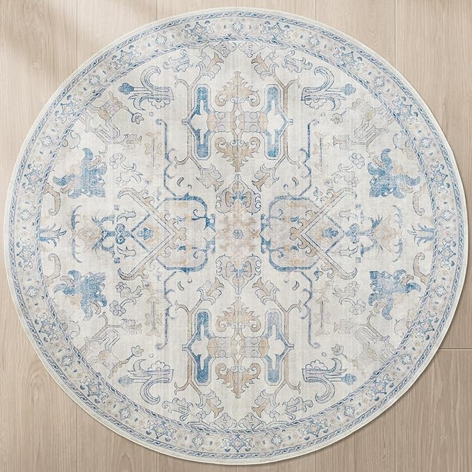jinchan Round Rug 6ft Area Rug Vintage Floor Mat Kitchen Indoor Ultra-Thin Soft Floral Print Washable Circle 6' Accent for Farmhouse Non Slip Dining Room Living Room Bedroom Office Blue