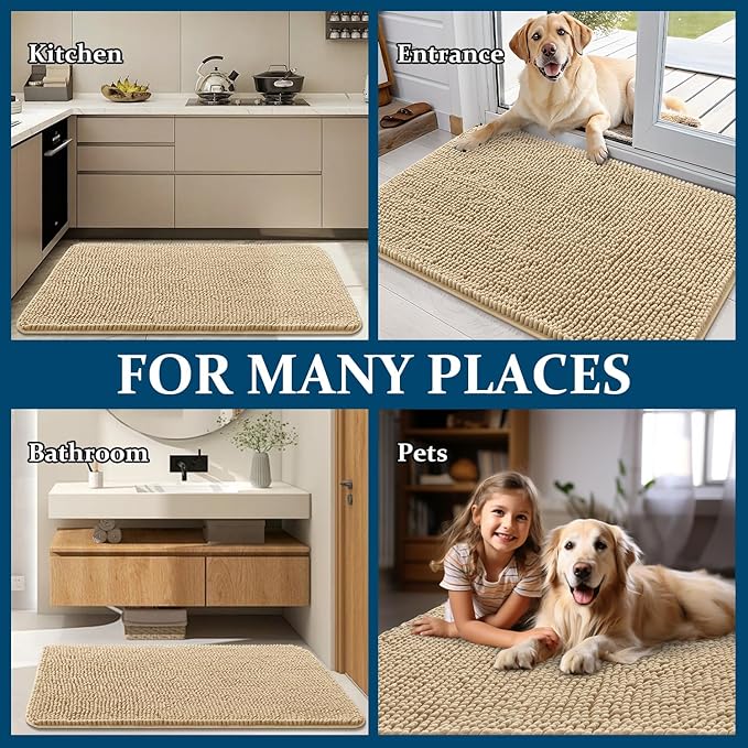 OLANLY Dog Door Mat for Muddy Paws 47x17, Absorbs Moisture and Dirt, Absorbent Non-Slip Washable Doormat, Quick Dry Chenille Mud Mat for Dogs, Entry Indoor Entryway Carpet for Inside Floor, Beige