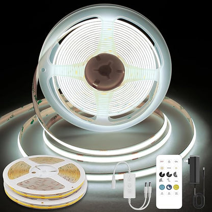 COB LED Strip Lights Cool White,24V Dimmable led Light Strip KIT with Remote and app Control,6000K 32.8FT/2 * 5m 8mm Wide Ra>90 Cuttable Flexible Strip Lights forBedroom,Wardrobe,Cabinet