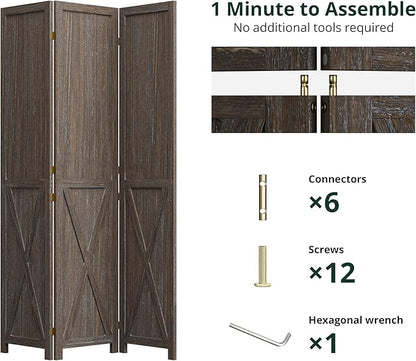 Cozy Castle Wood Room Divider, 3 Panels Folding Privacy Screen, 66.9'' Wall Divider, Barnwood Room Separator, Freestanding Partition, Temporary Wall for Decorative, Rustic Brown