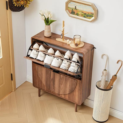 Turtle&Myrtle Modern Shoe Storage Cabinet for Entryway, Narrow Shoe Organizer Cabinet, 2-Tier Flip Down Drawers, Small Freestanding Hidden Wood Slim Shoe Rack,Round Fluted Pattern (Walnut)
