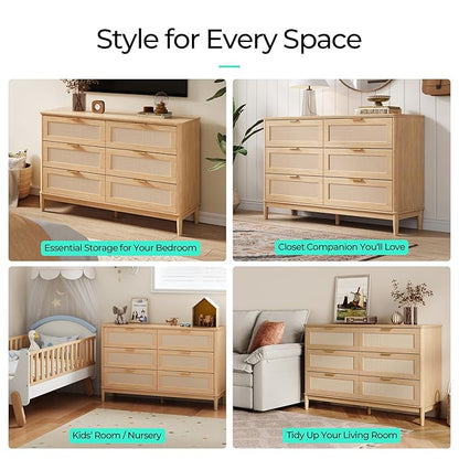 LINSY HOME Rattan Dresser for Bedroom with 6 Drawers, 47" Wide Chest of Drawers, Mid Century Modern Dresser TV Stand with Metal Handle, Wood Closet Storage Cabinet for Living Room, Hallway, Oak