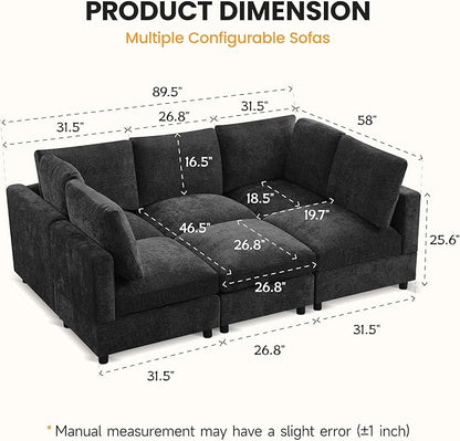 89'' Modular Sectional Cloud Sofa Bed, 6-Seater Convertible Sofa Couch with Ottoman, Modern Deep Seat Sleeper Sofa for Living Room, Chenille Dark Grey
