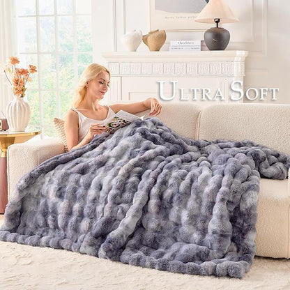 BENVWE Fluffy Faux Fur Throw Blanket for Couch - Soft, Plush, Thick, Cozy, Fuzzy Luxury Minky Bubble Blanket for Home Living Room Decor, Gifts for Women, Tie-dye Light Grey, 51" x 63", 1100GSM