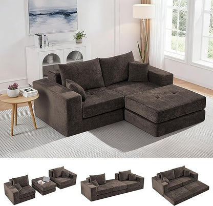 Boneless Sectional Loveseat Couch with Ottoman, Convertible Tufted Button Modular Floor Sleeper Sofa Bed, Comfy Foldable Compression Love Seat Sofa for Living Room, No Assembly, Brown