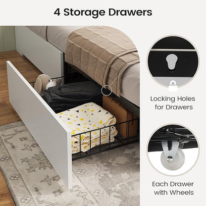 AOGLLATI Farmhouse Twin Bed Frame with 4 Storage Drawers and Charging Station,Wooden Led Twin Bed with Storage Hidden Space Headboard and Metal Slats,No Spring Box Needed,White