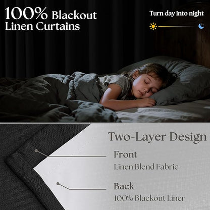 Black Pleated Linen Blackout Curtains 84 Inches Long for Bedroom Living Room Pinch Pleat Black Out Thermal Insulated Ring Hooks Back Tab Room Darkening Modern Drapes Window Curtains with Liner