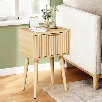 VINGLI Night Stand, Fluted Nightstand Wood, Mid Century Modern Nightstand for Bedroom, Bedside Table, Wood Side Table, Small Night Stand Oak, 15.75" W*11.81" D*21.85" H