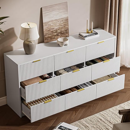 White 9 Drawer Dresser for Bedroom, 63" Wide Modern Fluted Dresser with Gold Metal Handles, Chest of Drawers for Bedroom, Living Room, Entryway, Hallway