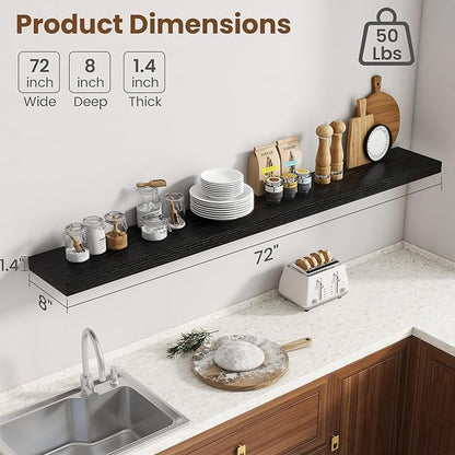 72 Inch Floating Shelves for Wall, 8 Inch Deep Floating Shelf for Storage & Display, Rustic Wall Mounted Shelf with Invisible Brackets for Living Room, Kitchen, Bathroom, Home Decor, Set of 2, Black