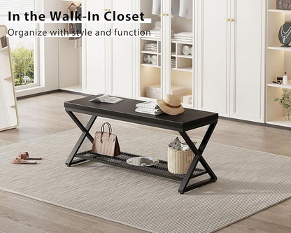 LVB Black Entryway Bench with Storage, Indoor Shoe Bench with Seating for Hallway, Accent Storage Bench for Living Room Bedroom, Simple Small Shoe Rack Benchs for Foyer Entrance, Black Oak, 39 inch