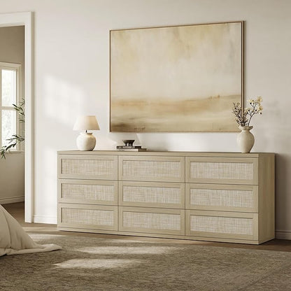 SICOTAS Dresser for Bedroom - 50" Wide 6 Drawer Dresser Rattan Dressers & Chests of Drawers Boho Drawers for Bedroom Bedside Table Clothes Large Closet Storage for Closet Hallway Entryway