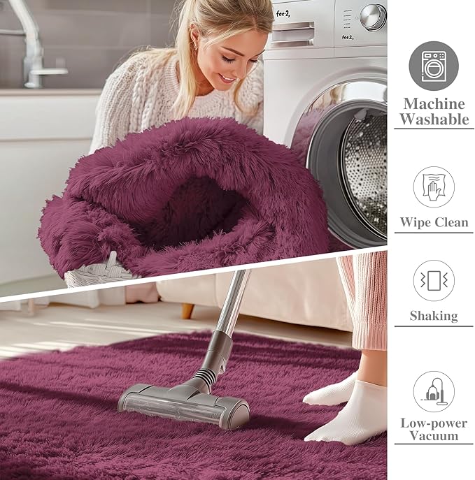 OLANLY 8x10 Machine Washable Large Area Rugs for Living Room, Bedroom, Soft Fluffy Shaggy Bedside Rug, Indoor Floor Carpet for Kids Girls and Boys, Dorms, Nursery, Home Decor Aesthetic, Burgundy