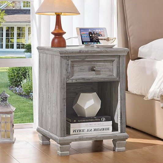 SAVOR LIFE Farmhouse End Tables Living Room with Drawer, Rustic Wood Nightstand with Charging Station, Bedside Table with Open Shelf for Bed Room, Living Room, Grey