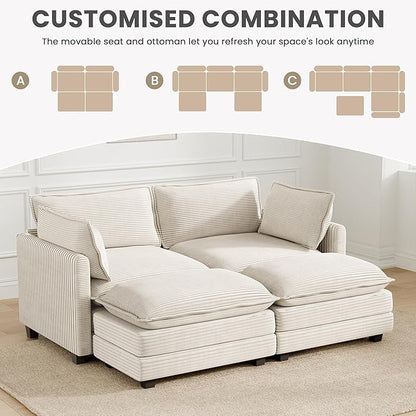 78'' Modular Sectional Cloud Couch with 2 Movable Ottoman, 4 Seat Comfy Modern Corduroy Sofa with 2 Throw Pillows, Deep Seat Sleeper Couch for Living Room Bedroom Apartment, Beige