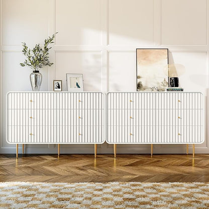 HLR Fluted 6 Drawers Dresser, 48'' Wide Modern Chest of Drawers with Gold Metal Handles,Dresser TV Stand, Wood Dressers & Chest of Drawers for Bedroom, Living Room, Hallway (White)